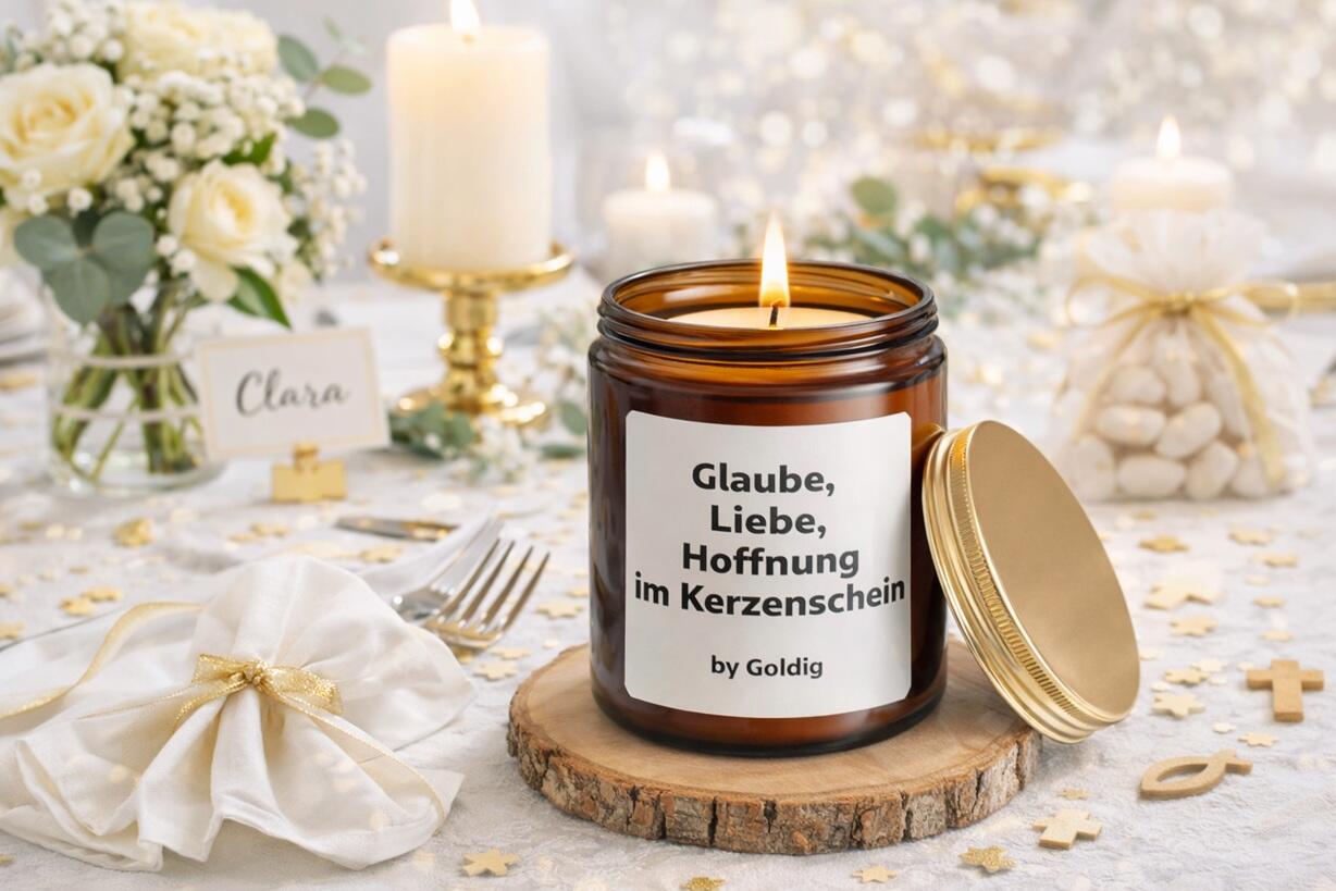 Duftkerze Glaube, Liebe, Hoffnung im Kerzenschein