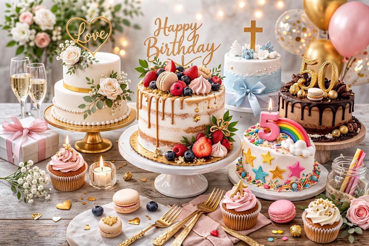 Dekorierte Torte mit Happy Birthday Topper, Mr & Mrs Schriftzug und goldenen Zahlen als Tortendeko Inspiration