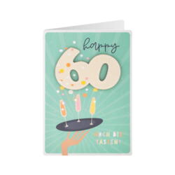 Geburtstagskarte Holz Happy 60 – Hoch die Tassen