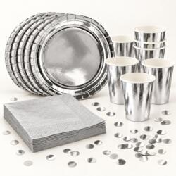 Décoration de table argent pour 6 personnes – assiettes, gobelets, serviettes & déco à parsemer
