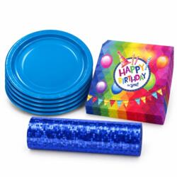 Happy Birthday Tischdeko-Set Blau – 6 Teller, 20 Servietten & Luftschlangen