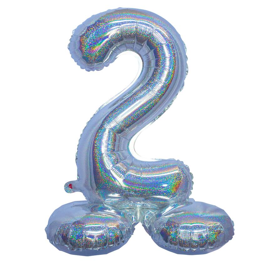 Stehende Folienballon Zahl 2 Holographisches Silber