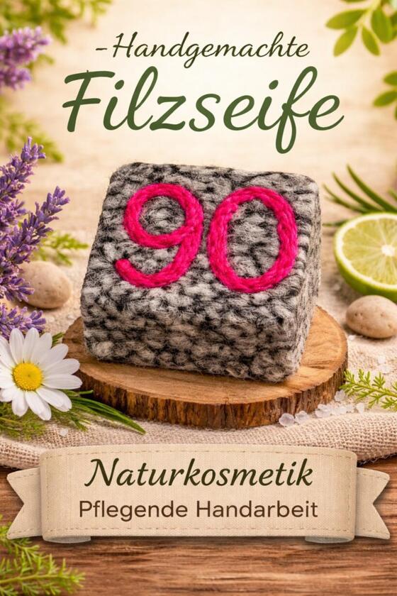 Filzseife Zahl 90 Grau-Pink - Geschenk zum 90. Geburtstag