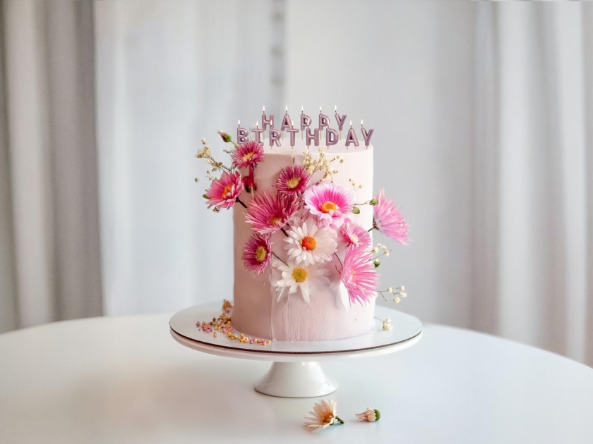 Bougie d'anniversaire Happy Birthday or rose