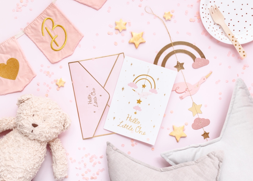 Babykarte mit Anhänger Storch