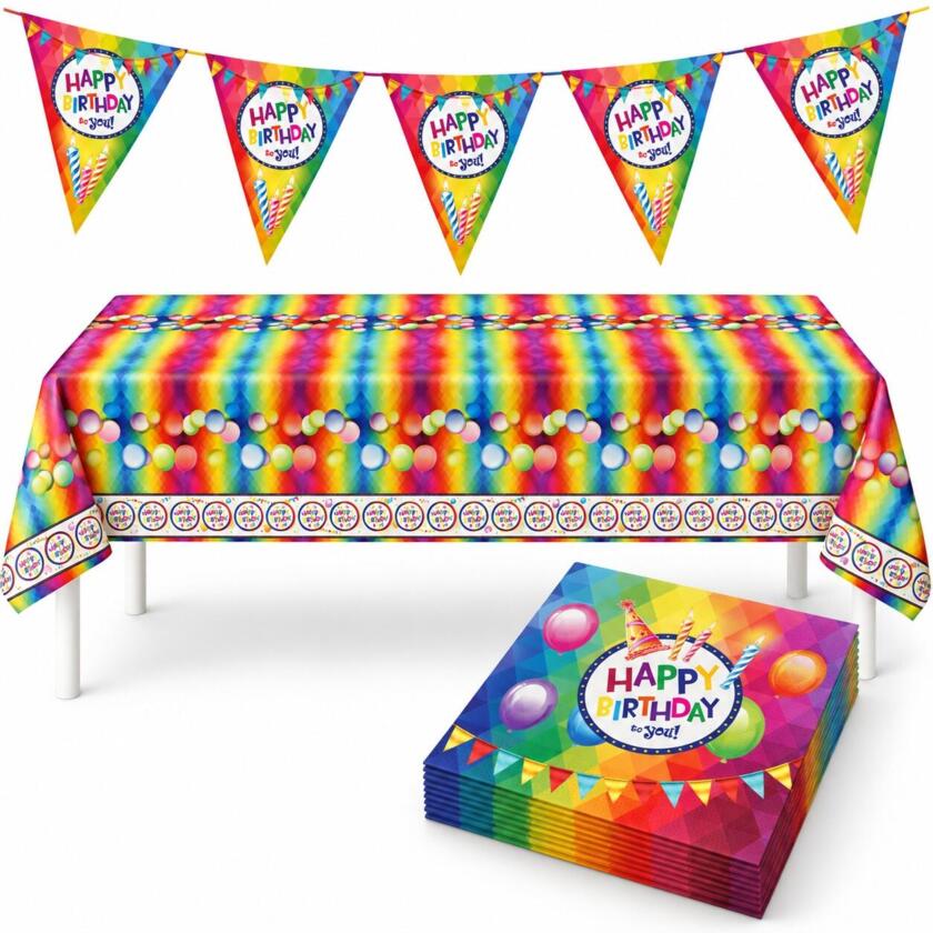 Geburtstagsdeko-Set Happy Birthday – Tischdecke, Servietten & Wimpelkette
