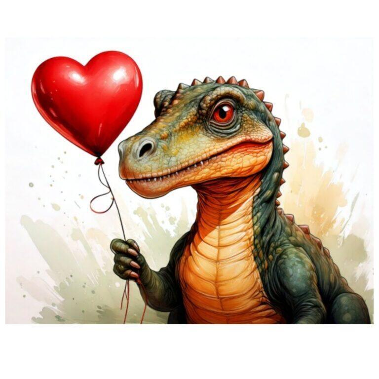 Bügelbild Dino mit mit Herzballon