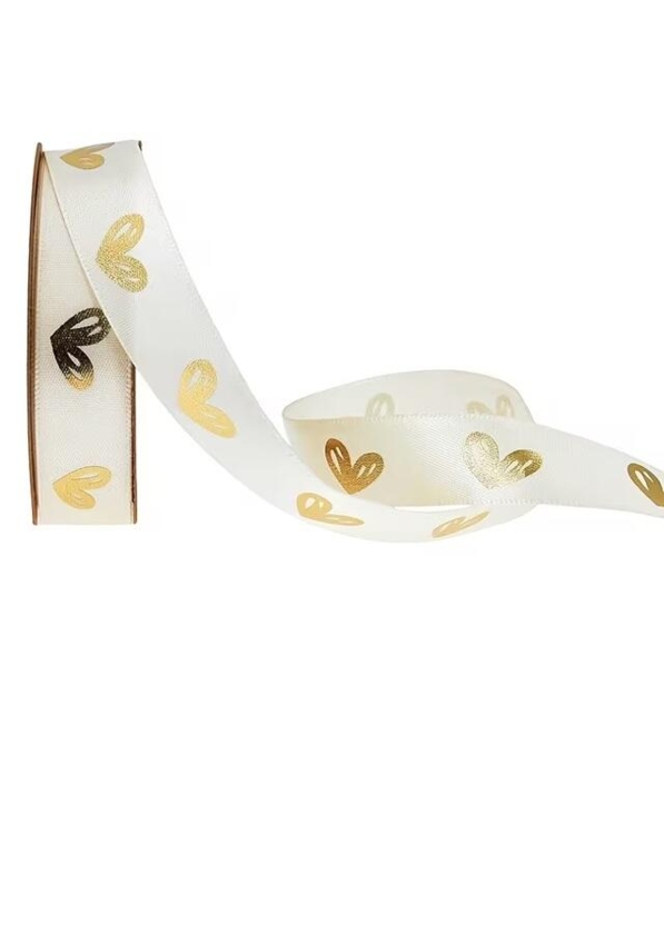 Satinband 15mm Creme mit Goldige Herzen 9Meter