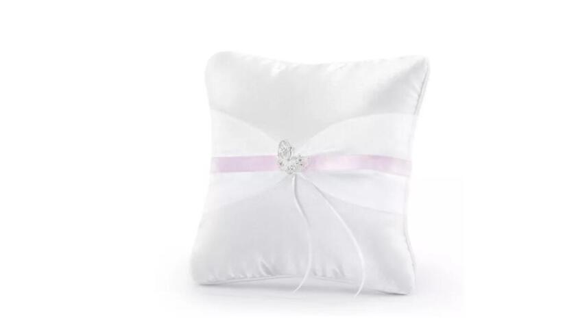 Coussin pour alliances blanc avec ruban rose