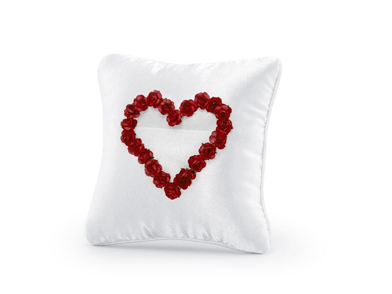 Coussin pour alliances blanc avec cœur de roses rouges