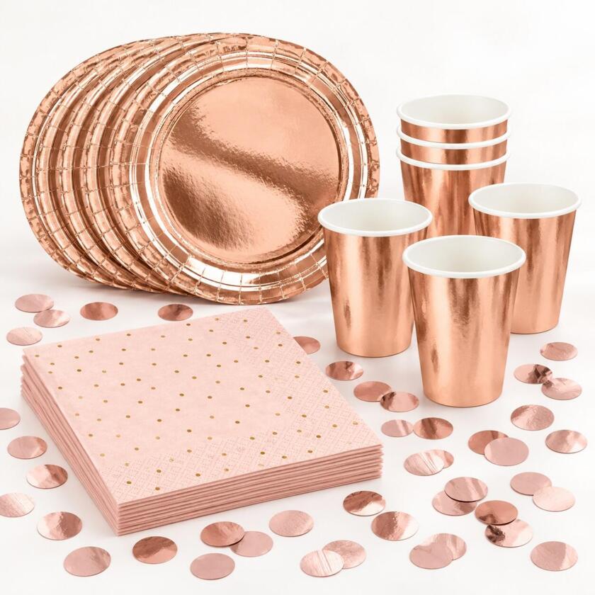 Décoration de table en or rose pour 6 personnes avec serviettes roses