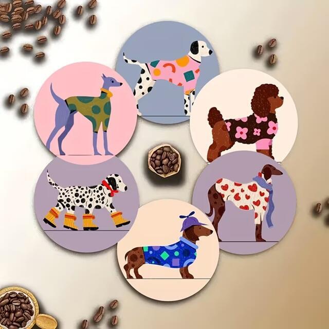 6 dessous de verre en bois avec motifs de chiens