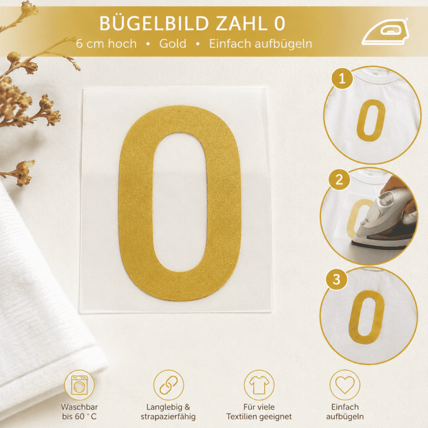 Bügelbild Zahl 0 Gold 6cm