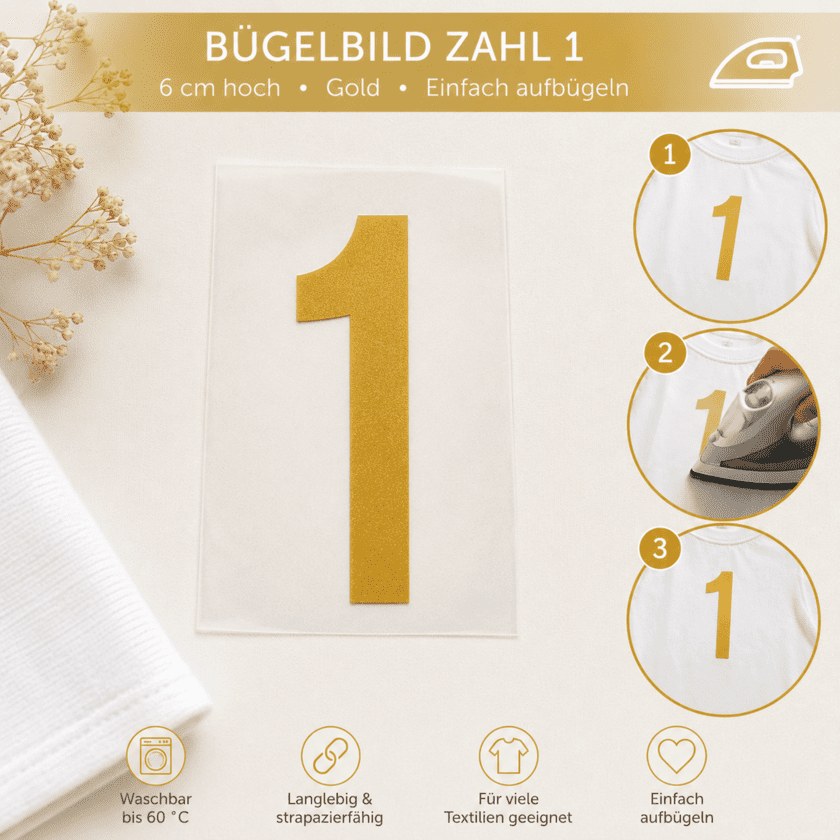 Bügelbild Zahl 1 Gold 6cm
