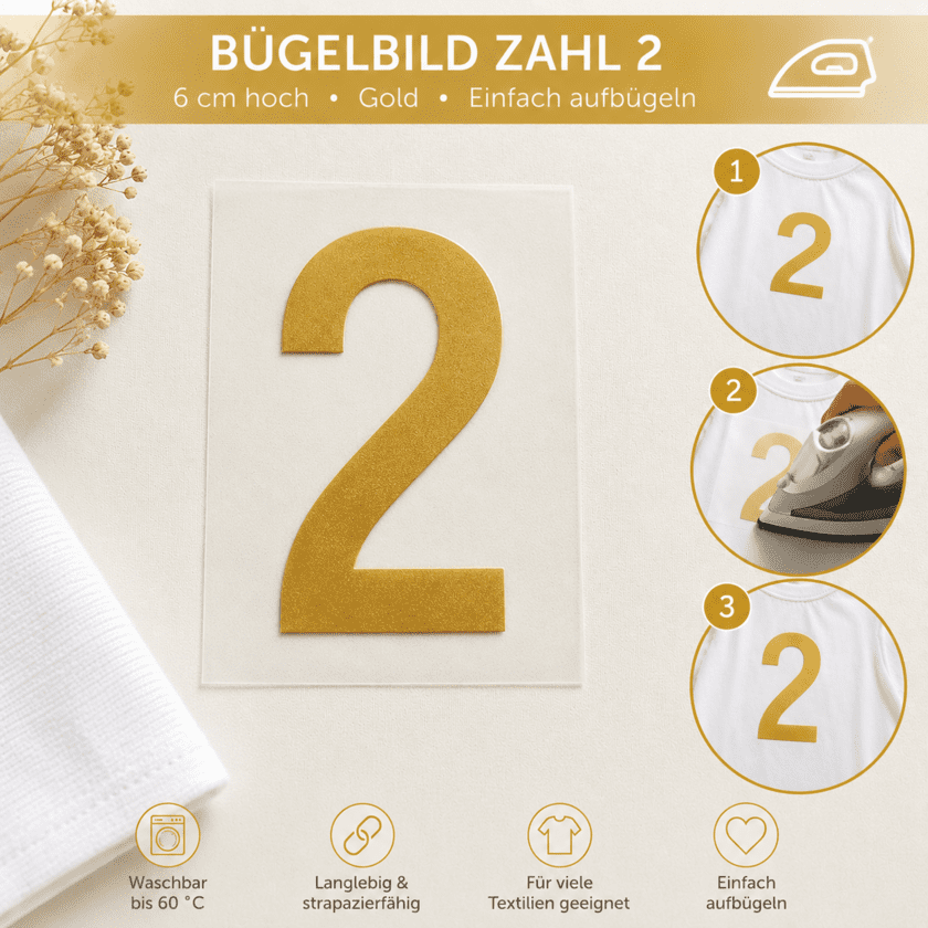 Bügelbild Zahl 2 Gold 6cm