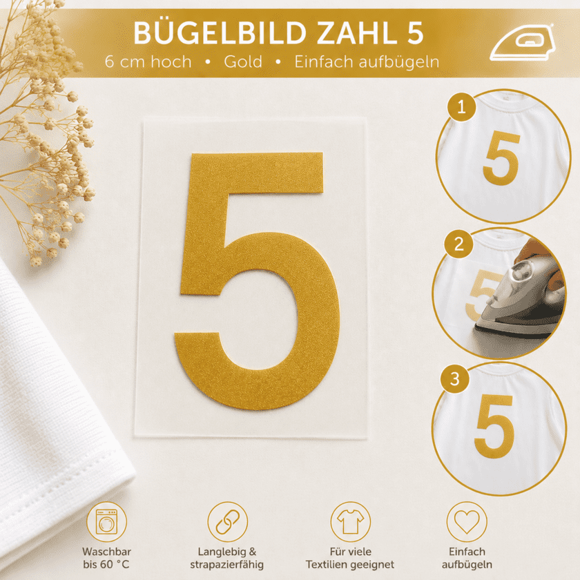 Bügelbild Zahl 5 Gold 6cm