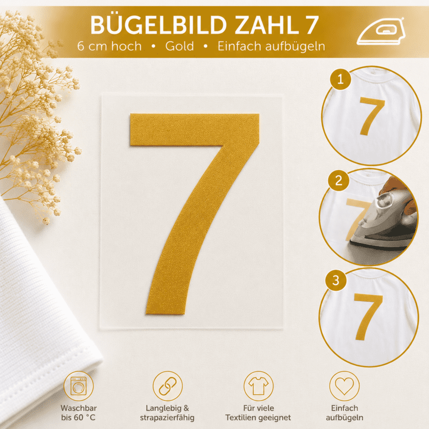 Bügelbild Zahl 7 Gold 6cm