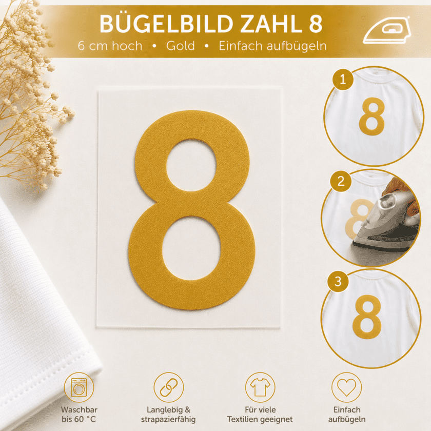 Bügelbild Zahl 8 Gold 6cm
