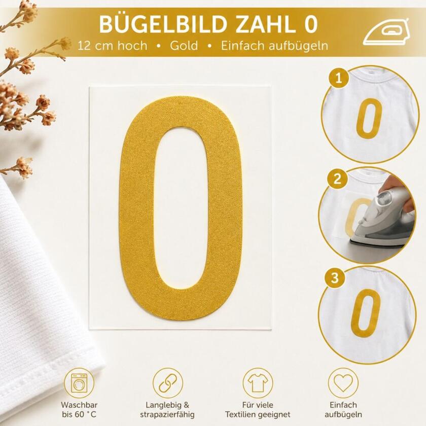 Bügelbild Zahl 0 Gold 12cm