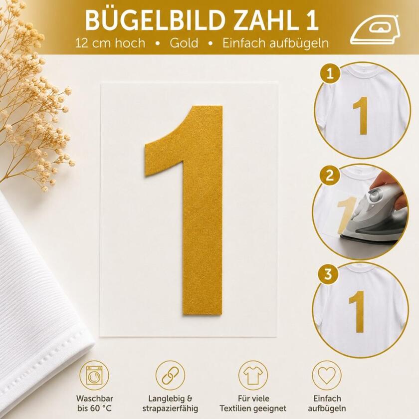 Bügelbild Zahl 1 Gold 12cm