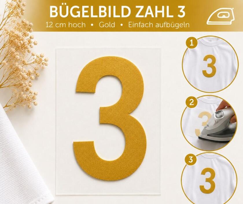 Bügelbild Zahl 3 Gold 12cm