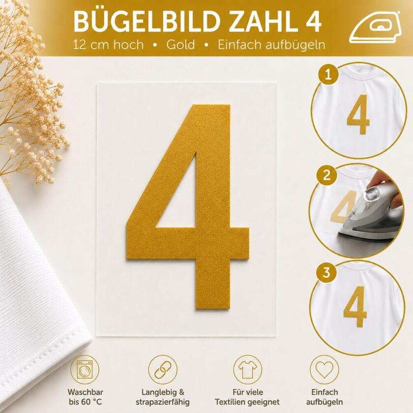 Bügelbild Zahl 4 Gold 12cm