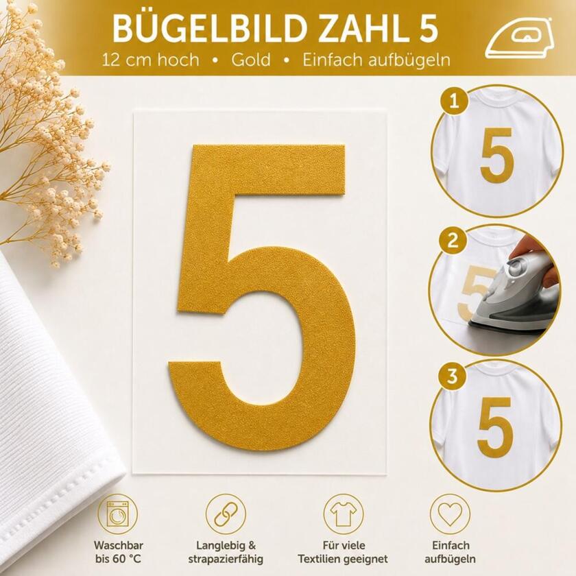 Bügelbild Zahl 5 Gold 12cm