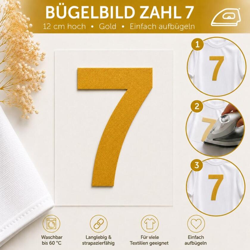 Bügelbild Zahl 7 Gold 12cm