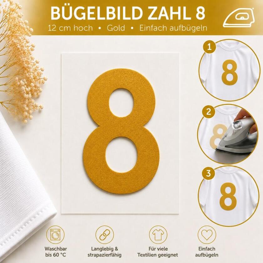 Bügelbild Zahl 8 Gold 12cm