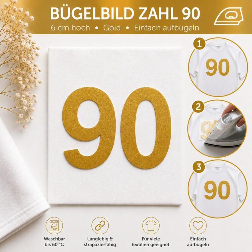 Bügelbild Zahl 90 Gold 6cm