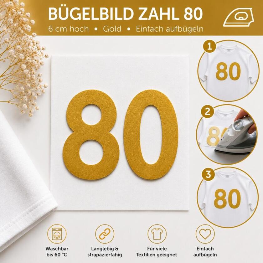 Bügelbild Zahl 80 Gold 6cm