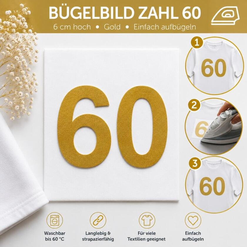 Bügelbild Zahl 60 Gold 6cm