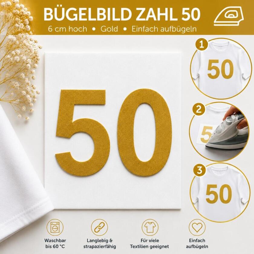 Bügelbild Zahl 50 Gold 6cm