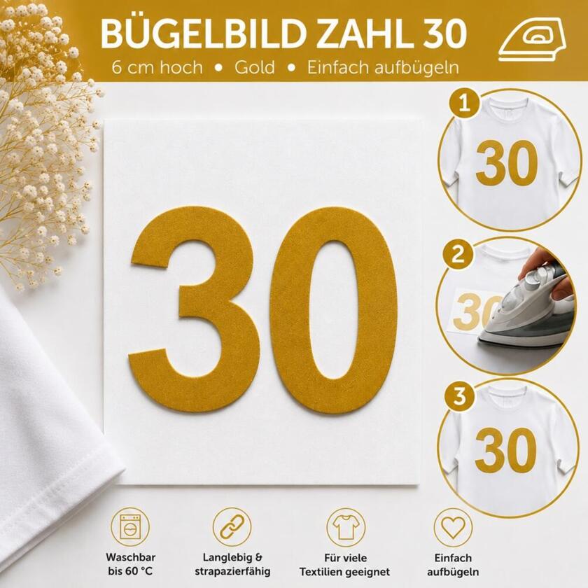 Bügelbild Zahl 30 Gold 6cm