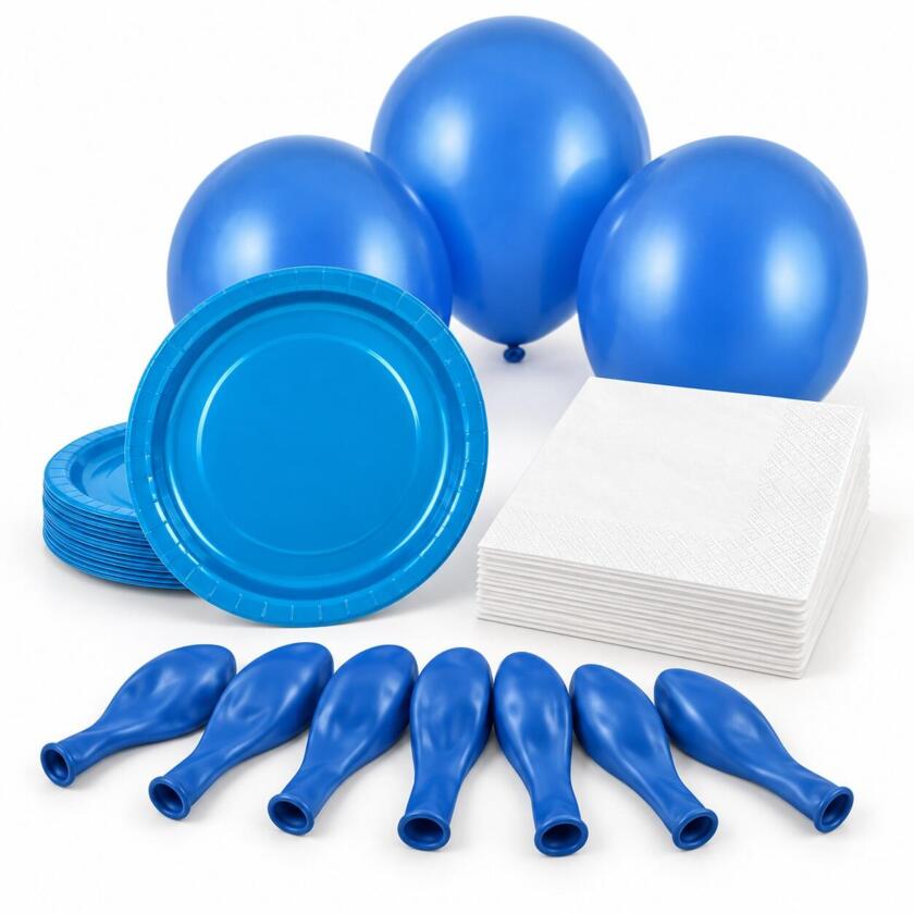 Décoration d’anniversaire bleue et blanche pour 6 personnes avec ballons
