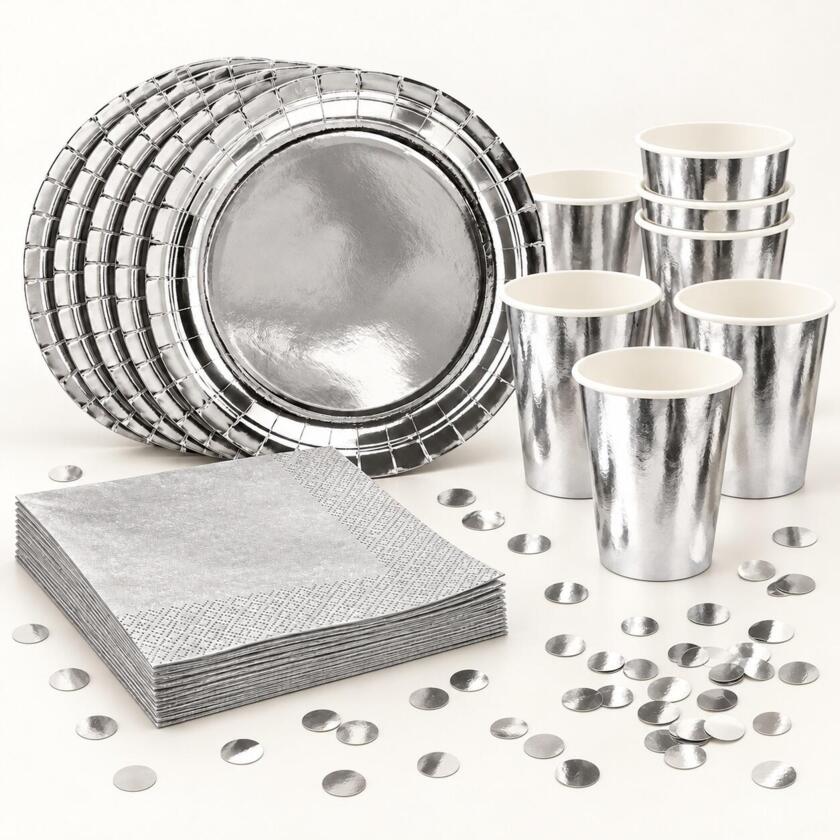 Décoration de table argent pour 6 personnes – assiettes, gobelets, serviettes & déco à parsemer