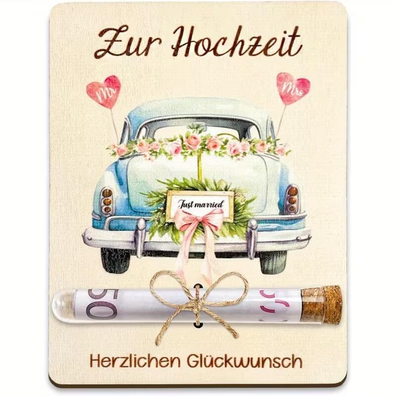 Geldgeschenk aus Holz Zur Hochzeit mit Reagenzglas
