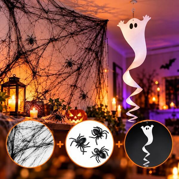 Halloween Deko Set – Spinnennetz, Spinnen & Hängegeist