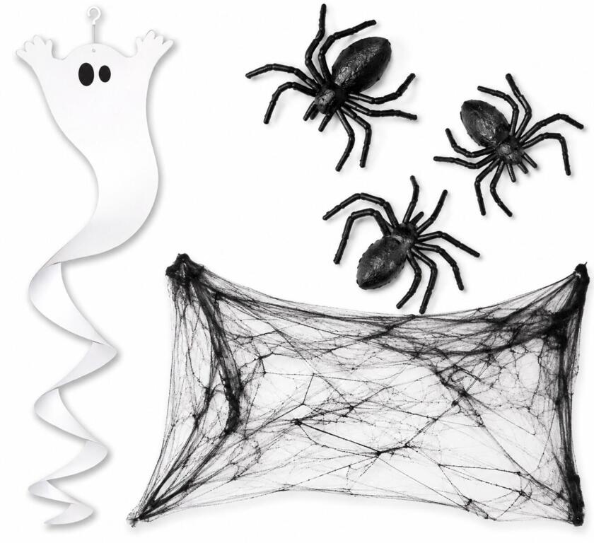 Set de décoration Halloween – toile d’araignée, araignées et fantôme suspendu