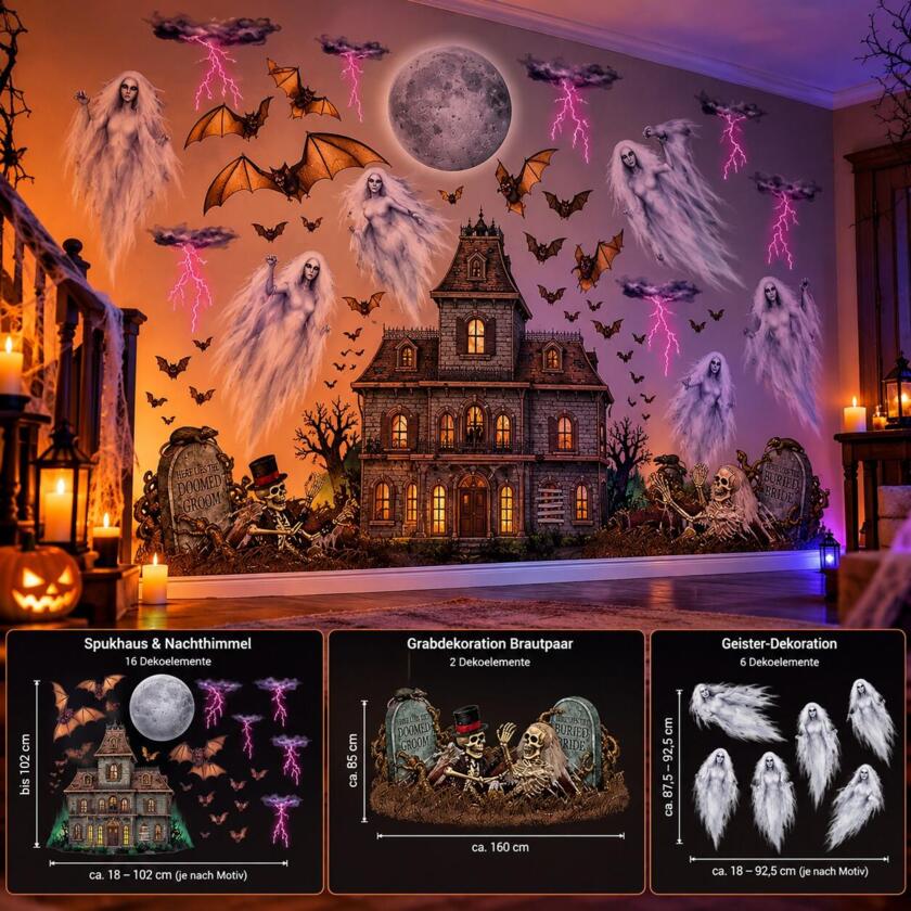 Halloween Wanddeko Set – Spukhaus, Geister & Friedhof