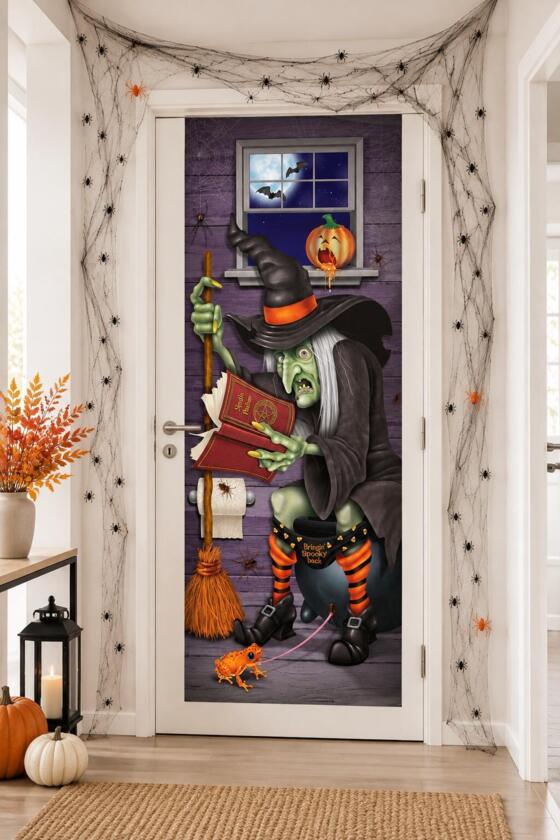 Set de déco de porte Halloween – Sorcière, toile d’araignée & mini-araignées