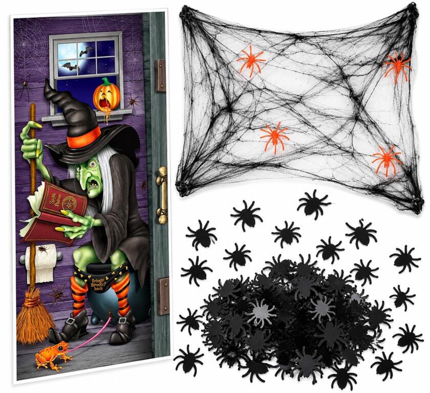 Set de déco de porte Halloween – Sorcière, toile d’araignée & mini-araignées