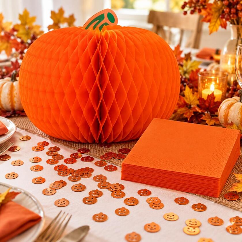 Set de décoration de table d’automne – Courge alvéolée 45 cm, serviettes & confettis citrouille
