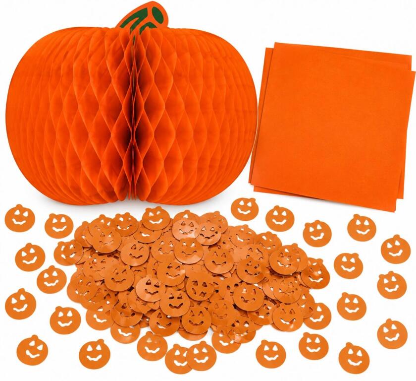 Set de décoration de table d’automne – Courge alvéolée 45 cm, serviettes & confettis citrouille