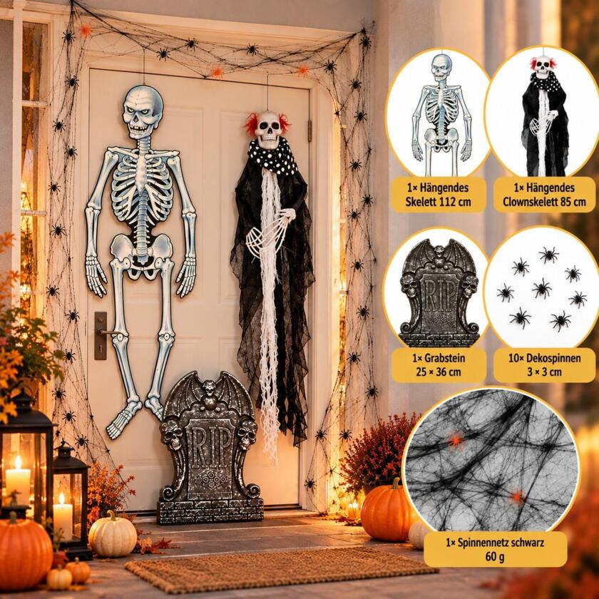 Set de déco effrayante Halloween – squelettes, pierre tombale, toile d’araignée & araignées