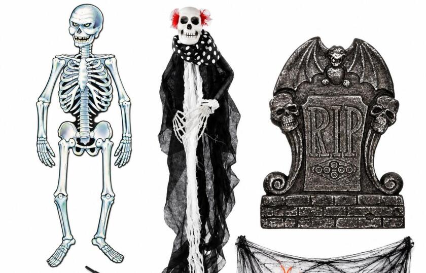 Set de déco effrayante Halloween – squelettes, pierre tombale, toile d’araignée & araignées