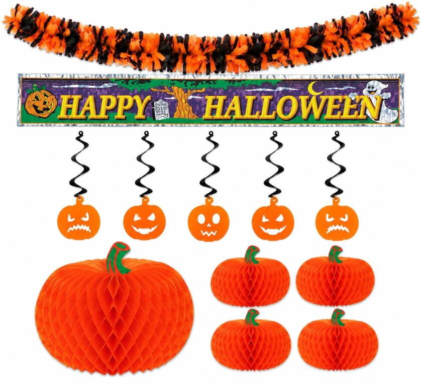 Set de décoration Halloween orange-noir – guirlandes, citrouilles en accordéon & déco suspendue