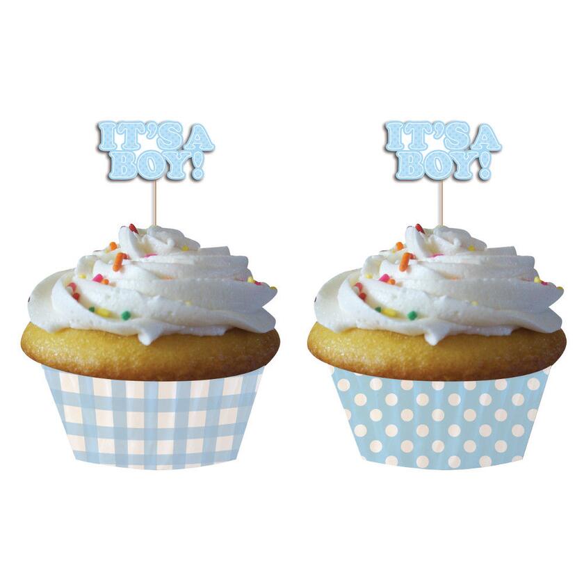 Cupcake-Muffin Förmchen mit Pickers "It's a Boy" hellblau