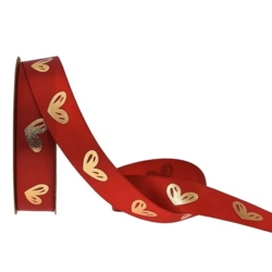 Ruban en satin 15 mm rouge avec des cœurs dorés – 9 mètres