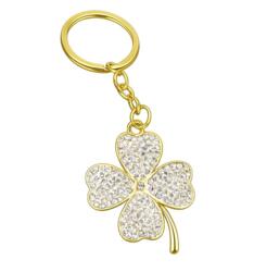 Porte-clés trèfle doré avec strass
